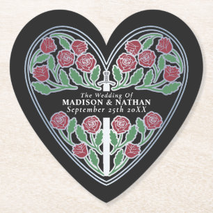 Silver Black Royal Medieval Floral Sword Wedding Paper Coaster