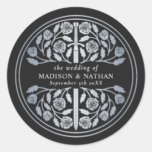 Silver Black Royal Medieval Sword Wedding  Classic Round Sticker
