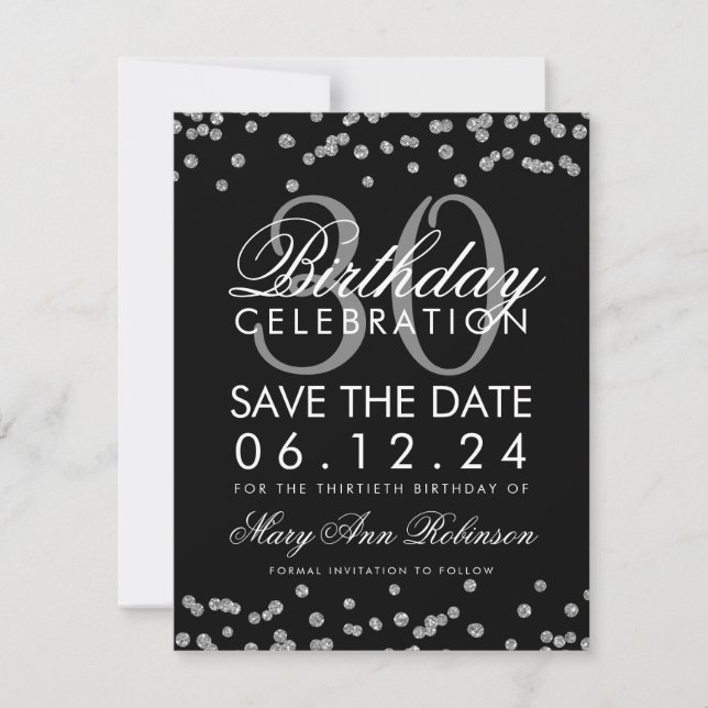 Silver Black Save the Date Birthday Confetti (Front)