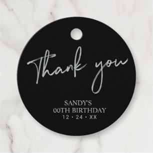 Silver & Black Script Birthday Party Thank you Favour Tags