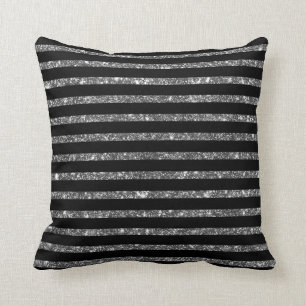 Silver Black Shining Faux Glitter Stripes Pattern Throw Pillow
