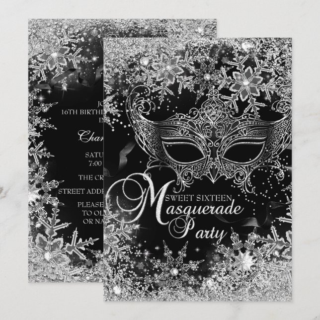 Silver Black Snowflake Mask Masquerade Sweet 16 Invitation (Front/Back)