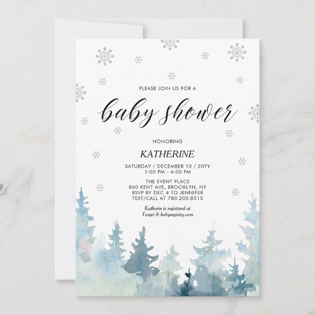Silver & Black Snowflake Winter Forest Baby Shower Invitation (Front)