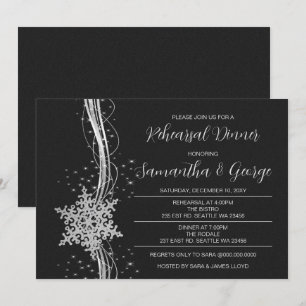 Silver Black Snowflakes Winter Rehearsal Dinner  Invitation