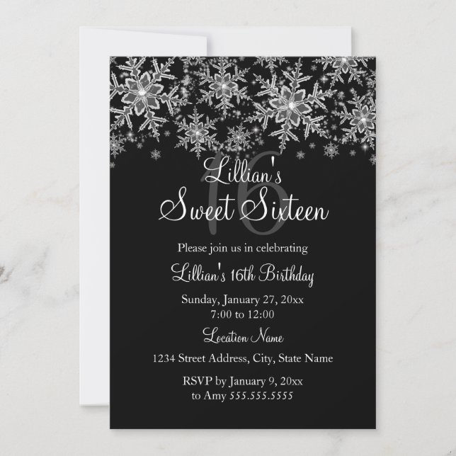 Silver & Black Sparkle Snowflake Sweet 16 Invite (Front)