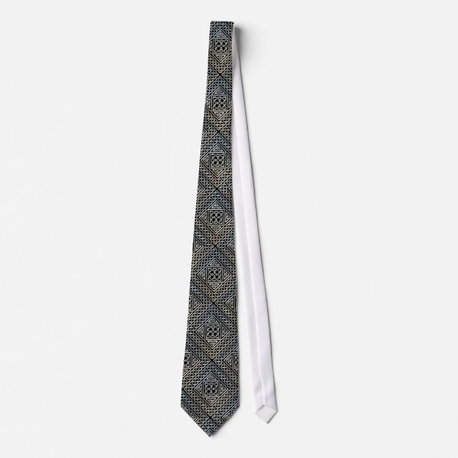 Silver Black Square Shapes Celtic Knotwork Pattern Tie (Front)
