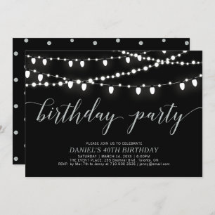 Silver & Black String Lights Adult Birthday Party Invitation