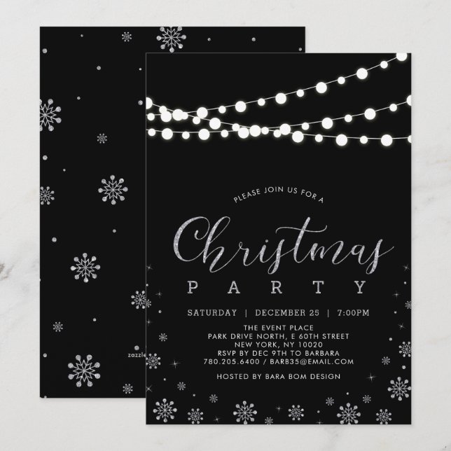 Silver & Black | String Lights Christmas Party Invitation (Front/Back)