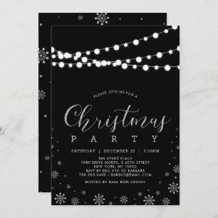 Silver & Black   String Lights Christmas Party Invitation