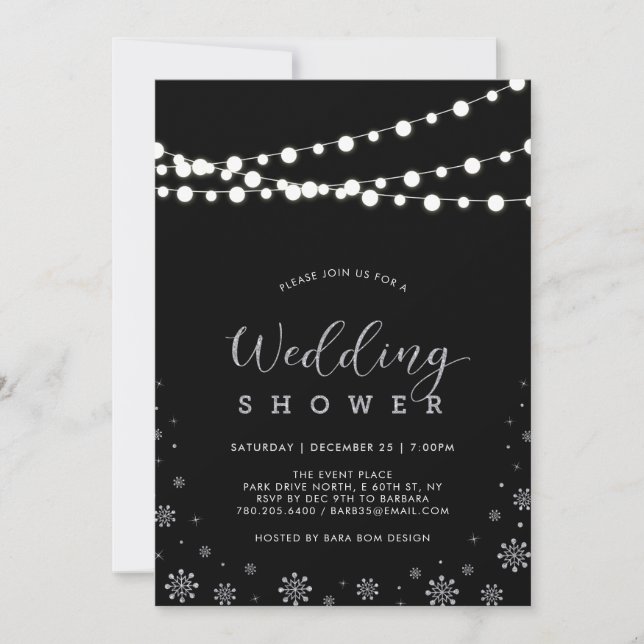 Silver & Black String Lights Winter Wedding Shower Invitation (Front)