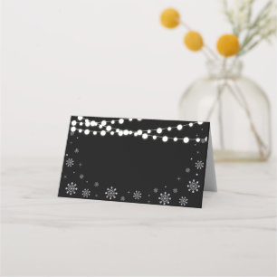 Silver & Black String Lights Winter Wedding Shower Place Card