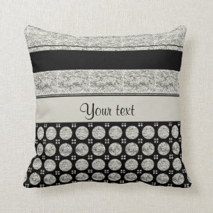 Silver & Black Stripes And Glitter Spots Throw Pillow