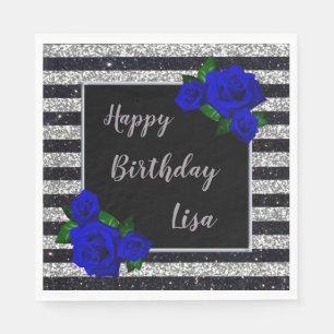 Silver Black Stripes Glitter Deep Blue Roses Napkin