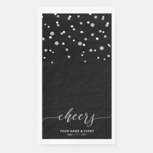 Silver Black Stylish Script Confetti Cheers Party Napkin
