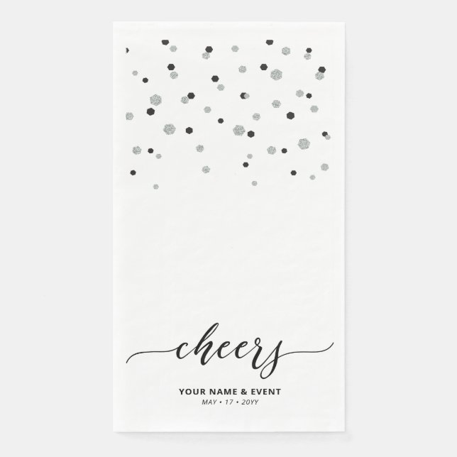 Silver Black Stylish Script Confetti Cheers Party Napkin (Front)