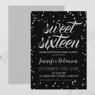 Silver Black Sweet 16 Glitter Sparkle Confetti Invitation