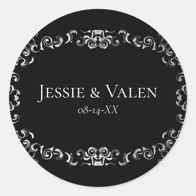 Silver & Black Swirl Gothic Wedding Classic Round Sticker (Front)