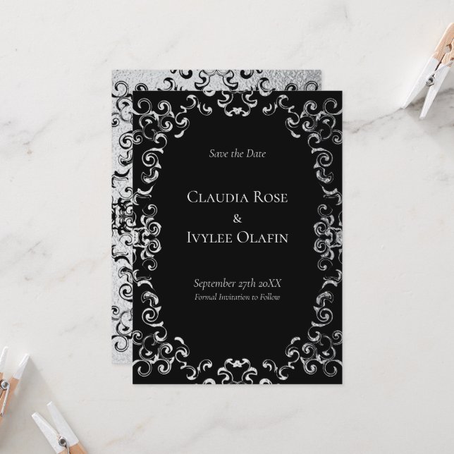 Silver & Black Swirl Gothic Wedding Invitation (Front/Back In Situ)