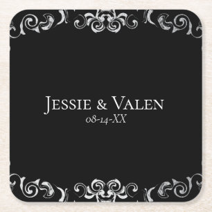 Silver & Black Swirl Gothic Wedding Square Paper Coaster