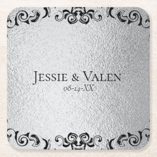 Silver & Black Swirl Gothic Wedding Square Paper Coaster