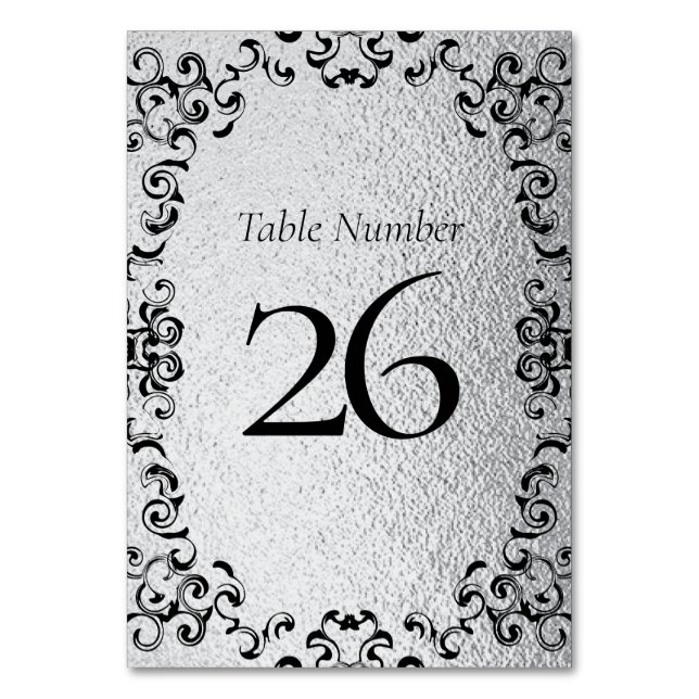 Silver & Black Swirl Gothic Wedding Table Number (Back)