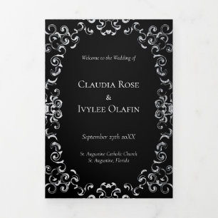 Silver & Black Swirl Gothic Wedding Tri-Fold Programme