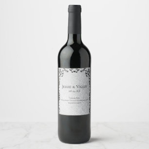 Silver & Black Swirl Gothic Wedding Wine Label
