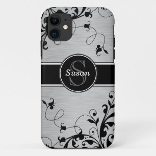 SILVER BLACK SWIRLS YOUR MONOGRAM iPhone 11 CASE