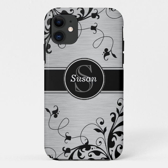 SILVER BLACK SWIRLS YOUR MONOGRAM Case-Mate iPhone CASE (Back)