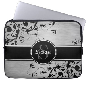SILVER BLACK SWIRLS YOUR MONOGRAM LAPTOP SLEEVE