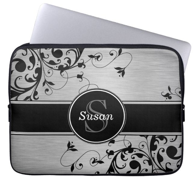 SILVER BLACK SWIRLS YOUR MONOGRAM LAPTOP SLEEVE (Front)