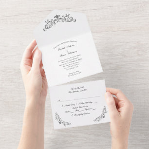 Silver Black White Flourish Ornate Formal Wedding  All In One Invitation