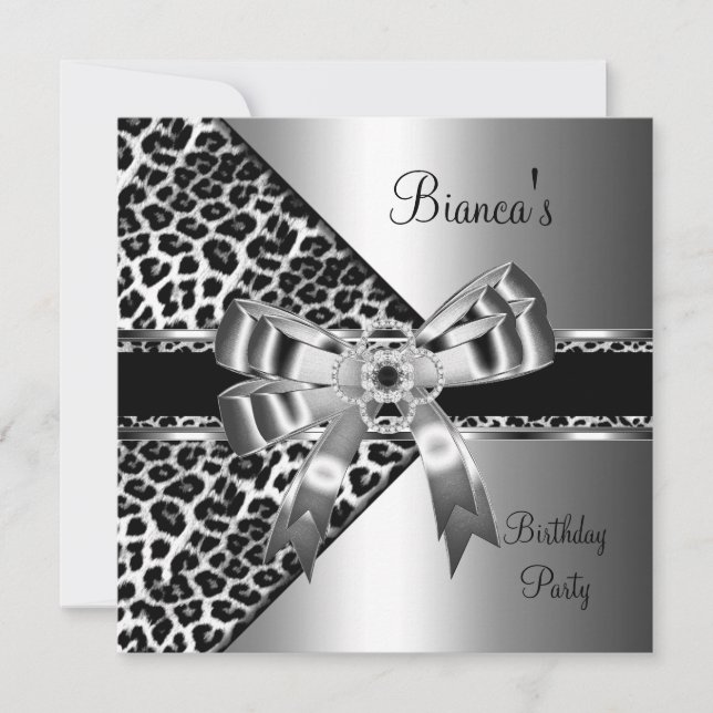 Silver Black White Leopard Diamond Jewel Bow Invitation (Front)