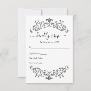 Silver Black White Ornate Flourish Formal Wedding RSVP Card
