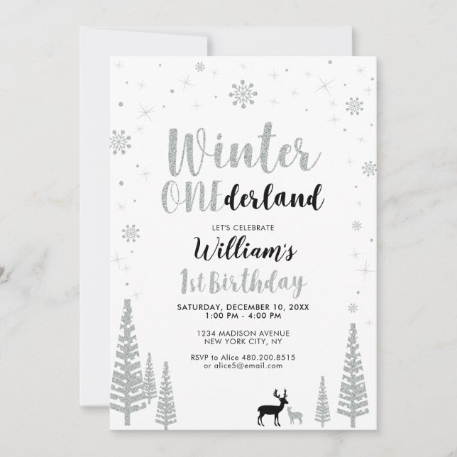 Silver, Black Winter onederland 1st birthday party Invitation (Front)