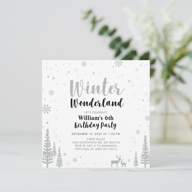 Silver & Black Winter Wonderland Boy Birthday Invitation (Standing Front)
