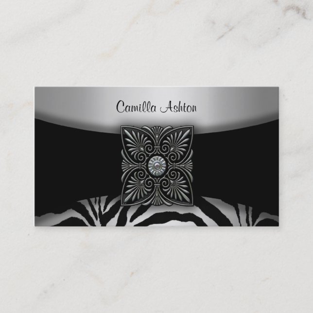 Silver & Black Zebra Business Cards (Front)