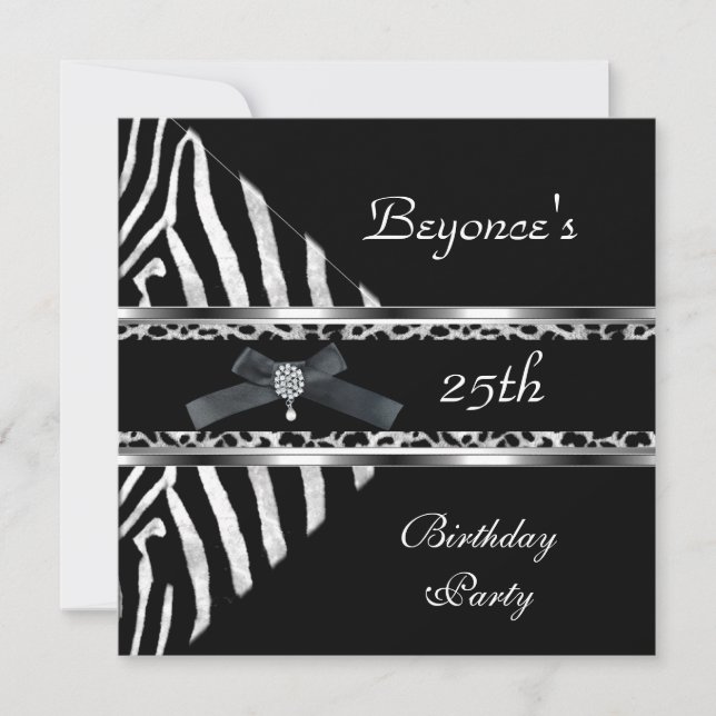 Silver Black Zebra Leopard Invitation 25e annivers (Devant)