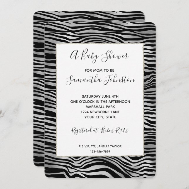 Silver Black Zebra Print Baby Shower Invitation (Front/Back)
