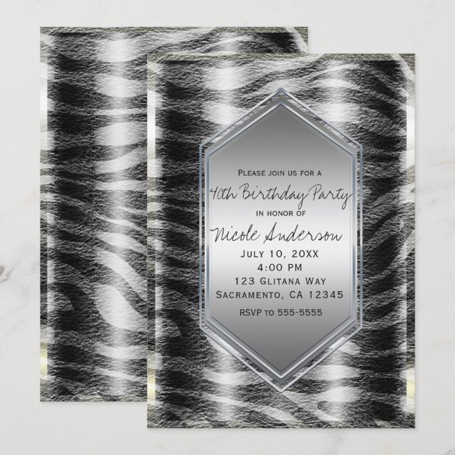 Silver Black Zebra Print Birthday Party Any Event Invitation (Front/Back)
