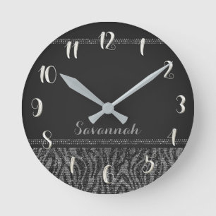 Silver Black Zebra Print Glam Sequins Glitter Round Clock
