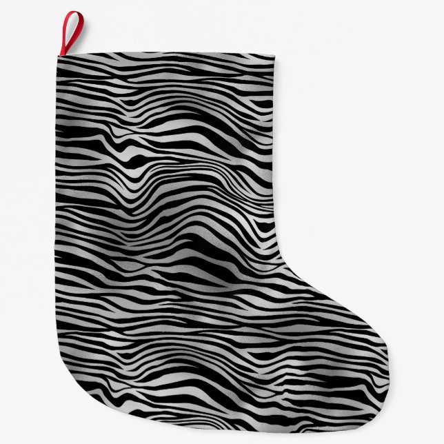 Silver Black Zebra Print Large Christmas Stocking (Front)