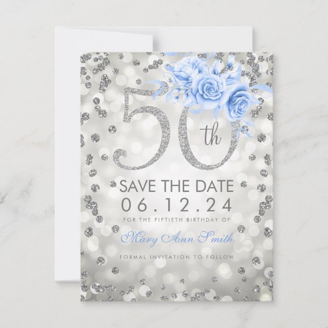 Silver Blue 50th Birthday Glam Lights Save The Date (Front)