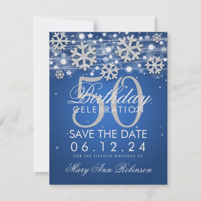 Silver Blue 50th Birthday Save Date Winter Save The Date (Front)