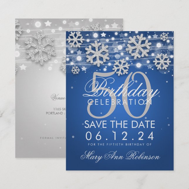 Silver Blue 50th Birthday Save the Date Winter Invitation (Front/Back)