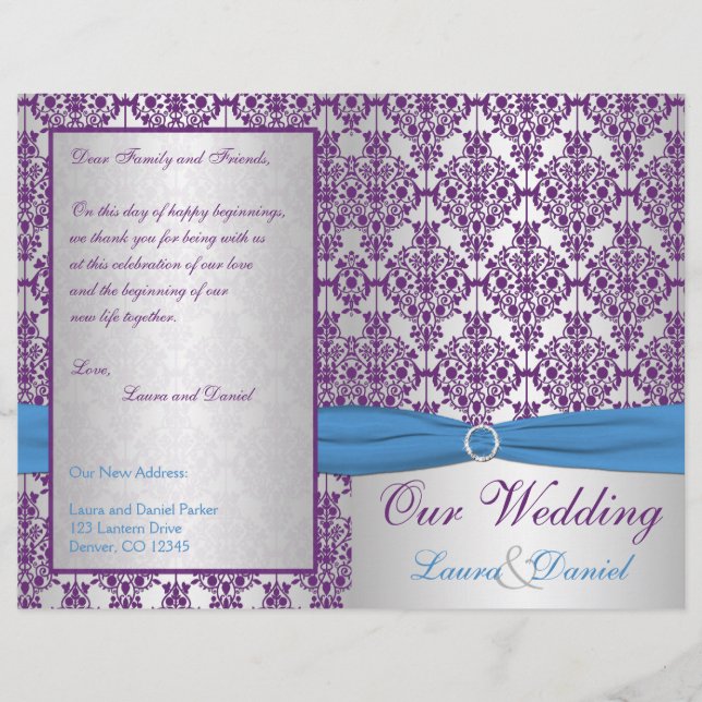 Silver, Blue, and Purple Damask Wedding Program (Front)