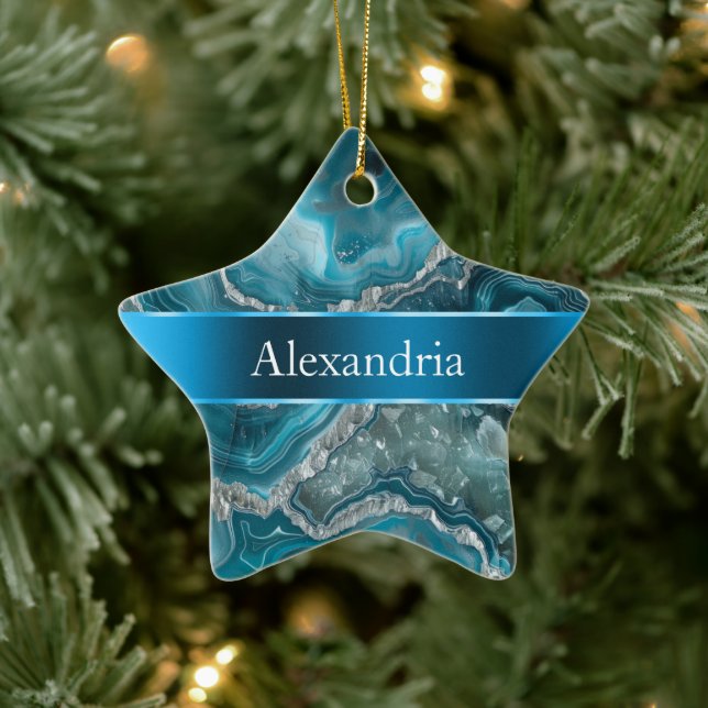 Silver Blue Aqua Glam Glitz Christmas Name Ceramic Ornament (Tree)