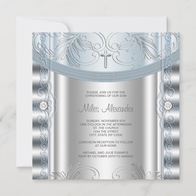 Silver Blue Baby Boy Christening Invitation (Front)
