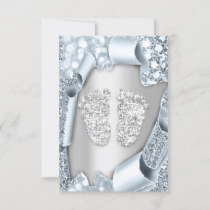 Silver Blue Baby Shower Feet Boy Girl 3d Effect Invitation