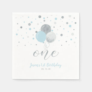 Silver & Blue Balloons Confetti Boy 1st Birthday Napkin